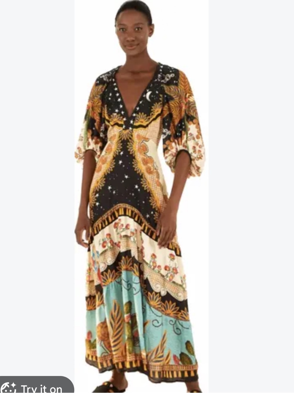 FARM Rio Black, Cream & Teal Printed Boho Maxi Dress